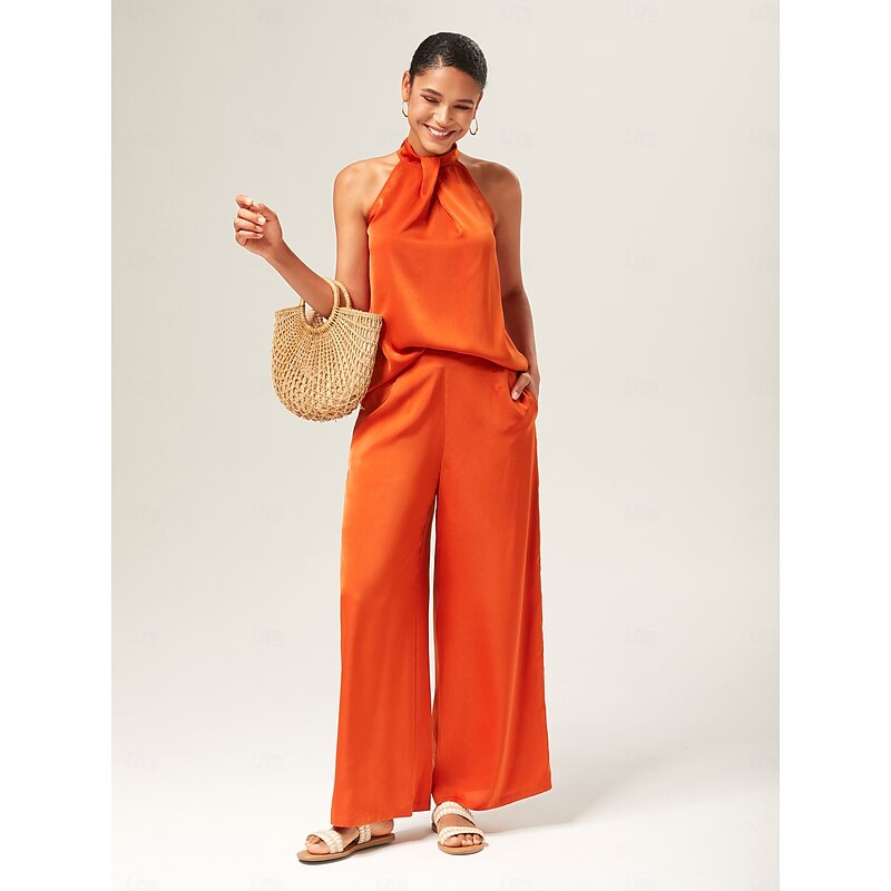 Orange Stand Collar Wide Leg Pants Set4