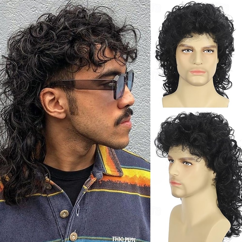 Curly Mullet Wigs for Men 80s Black Long Curly Wigs Hippie Rocking 80s Party Cosplay Costume Anime Heat Resistant Synthetic Hair Wig 70's Wig Halloween Wigs2