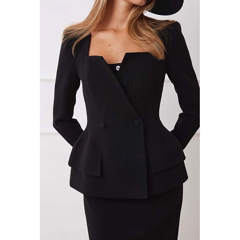 Tuxedo Dress Sheath Formal Stretch Crepe Elegant Minimalist Long Sleeve Tea Length Square Neck Double Breasted4