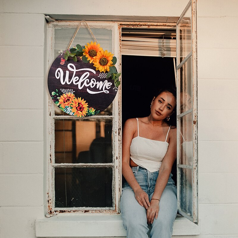 Sunflower Welcome Wood Door Hanger, Seasonal Front Door Sign for Spring Summer Fall, Rustic Hanging Porch Decor for Home2