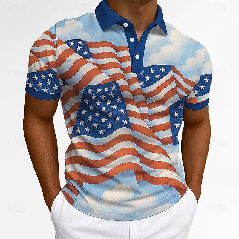 Independence Day Men's American US Flag Polo Short Sleeves Polo Shirts Polo Collar Casual Festival Buttons Summer Robin's Egg Blue