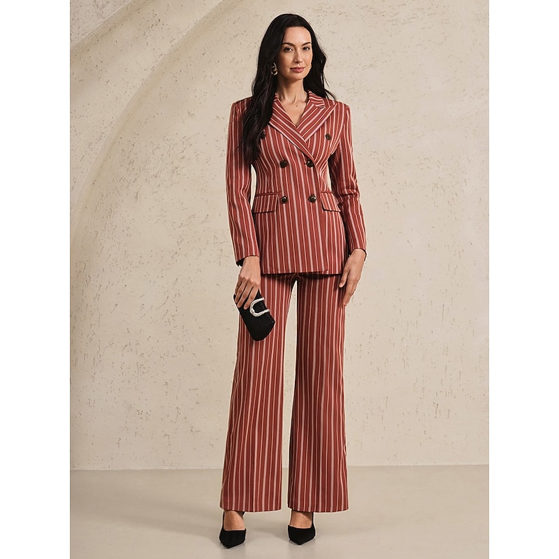 Women's 2 Pieces Pinstriped Suits Two Piece Formal Wedding Guest Formal Evening Elegant Vintage Simple Long Sleeve Ankle Length Peak Lapel Double Breasted2