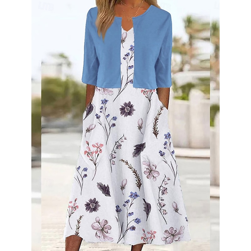 Women's Two Piece Dress Sets Midi Dress with Jacket Elegant A Line Dress Half Sleeve Party Semi Formal Floral Graphic Print V Neck Wedding Guest Daily White Navy Blue Sky Blue Regular Fit3