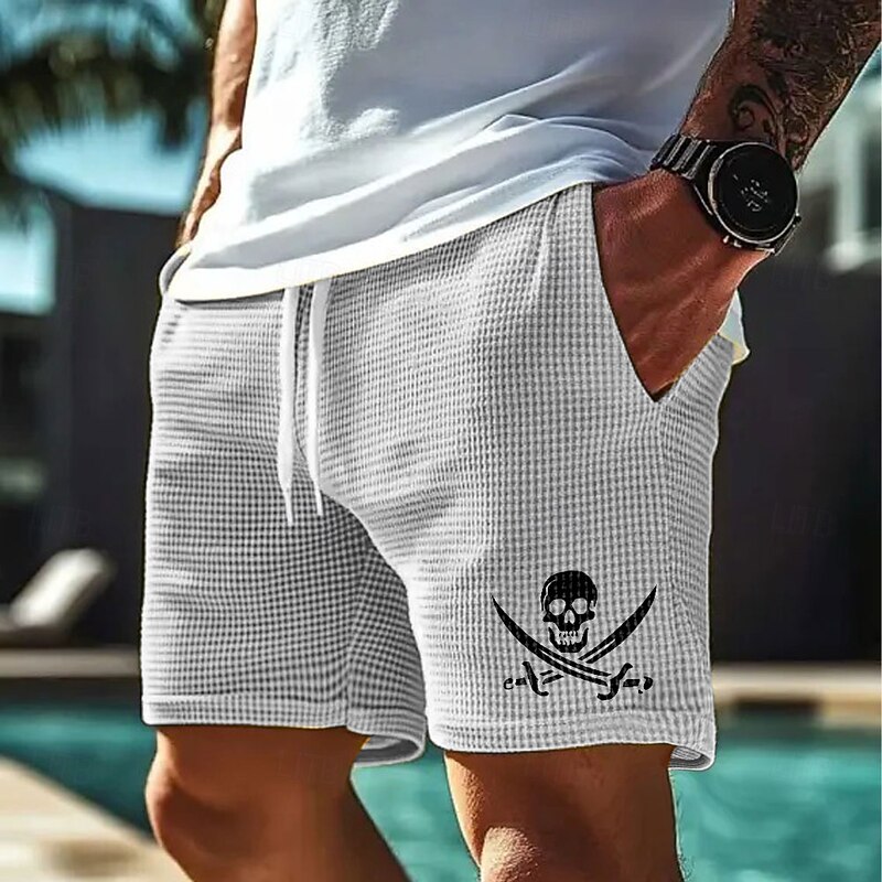 Men's Skull Pirate Waffle Shorts Sweat Shorts Casual Shorts Mid Waist Fashion Casual Vacation Jogging Workout Elastic Drawstring Waist Shorts with Pockets Designer Clothing Apparel
