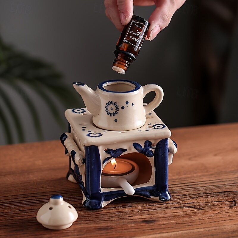 Blue & White Ceramic Teapot Candle Holder  Aromatic Oil Heater with Floral Patterns Elegant Home Decor for Holidays Valentines Day and Tea Lovers2