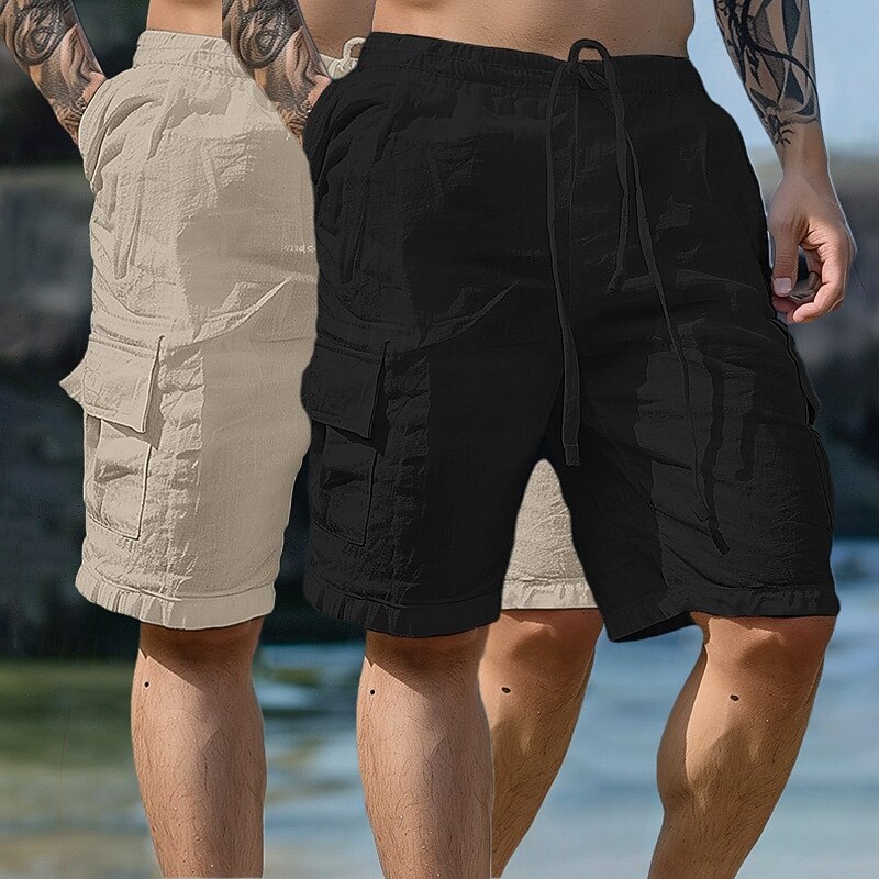 Men's Shorts Linen Shorts Summer Shorts Beach Shorts Drawstring Elastic Waist Multi Pocket Plain Knee Length Outdoor Holiday Beach Vacation Hawaiian White+Sky Blue White+khaki Inelastic3