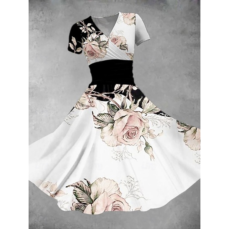 Women's Midi Dress A Line Dress Summer Dress Fit And Flare Dress Party Casual Daily Holiday Regular Fit Floral Graphic Short Sleeve V Neck Black White Orange Summer
