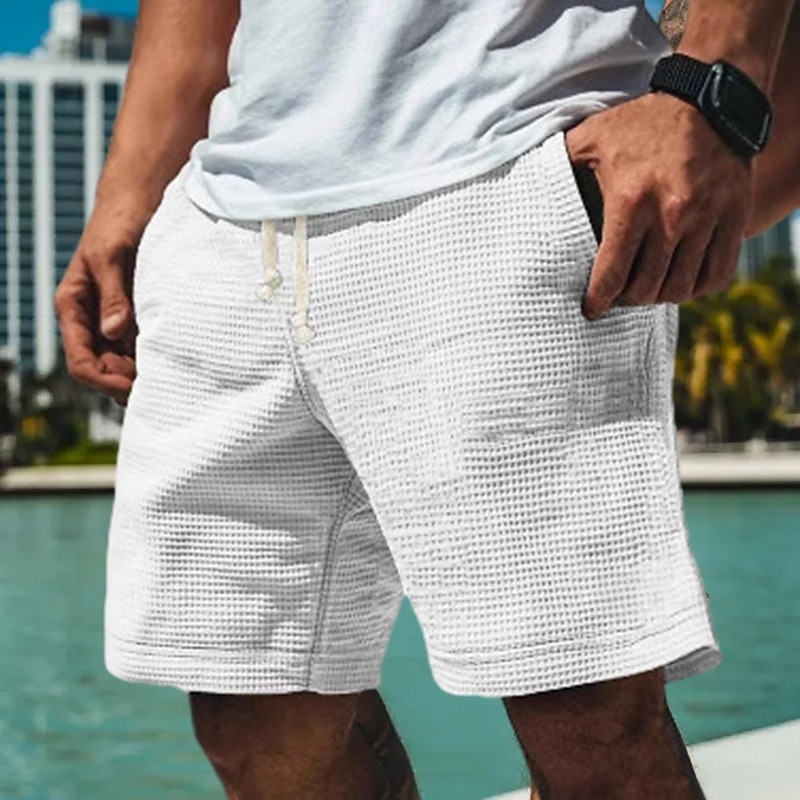 Men's Waffle Shorts Sweat Shorts Shorts Bermuda shorts Beach Shorts Elastic Waist Drawstring Plain Comfort Sports Knee Length Outdoor Daily Vacation Classic Style White Blue Micro-elastic4