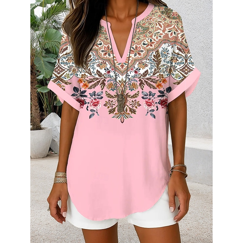 Women's Boho Shirt Graphic Paisley Bohemia Active Vintage Short Sleeve Regular Tops Daily Holiday Beach Wear Black Pink Red Blue Orange Summer Spring3