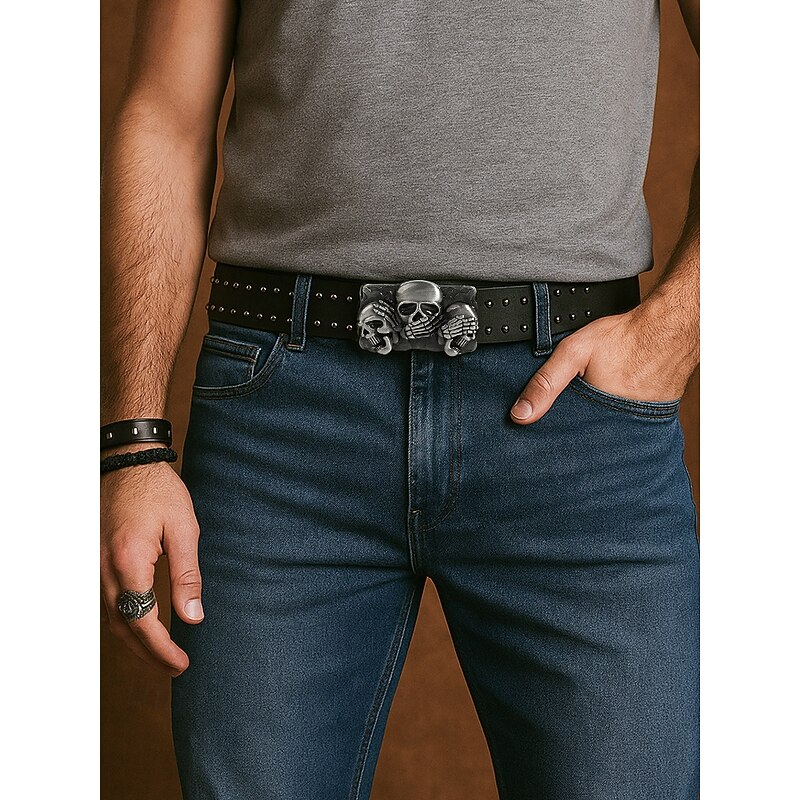 Men's Skull Studded Leather Belt with Skeleton and Crossbones Design, Vintage Gothic Style for Halloween Parties, Punk Fashion and Casual Wear3