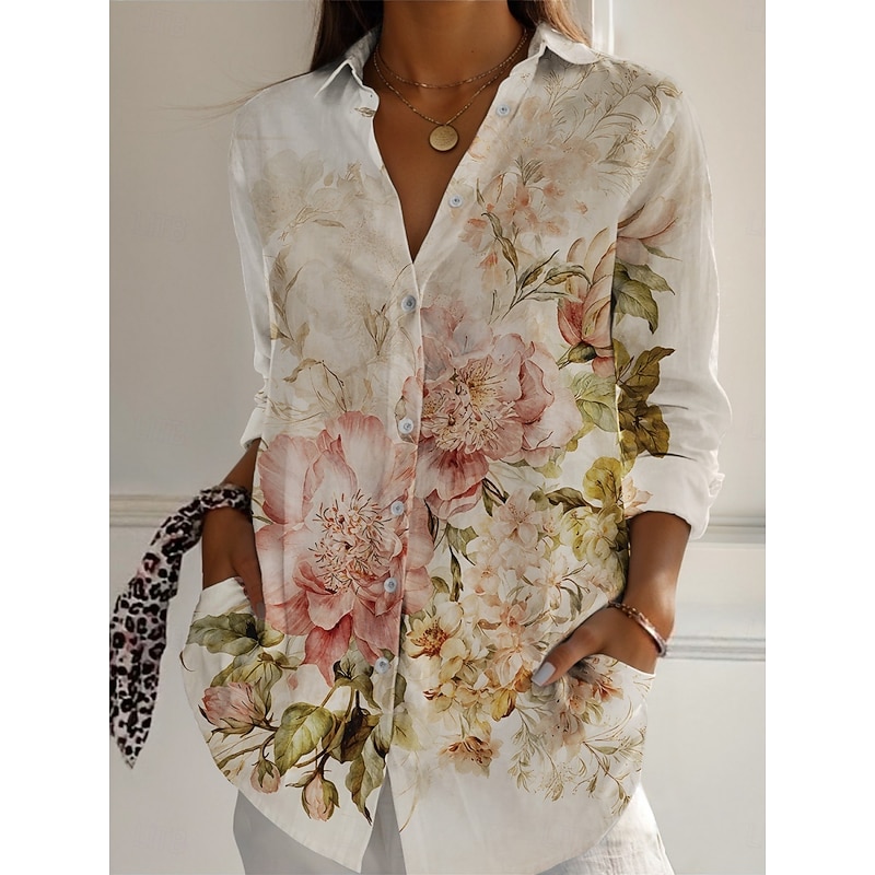 Women's Shirt Floral Active Daily Stylish Long Sleeve Shirt Collar Regular Tops Daily Holiday Buttons Print Khaki Spring Fall