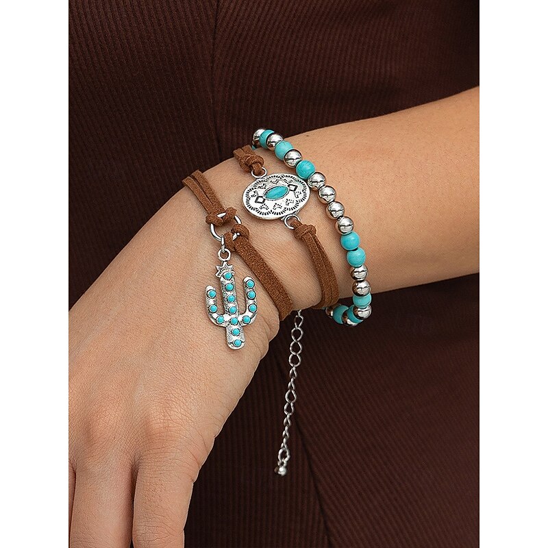 Women's Boho Turquoise Charm Bracelet Set with Leather Wrap and Cactus Pendant, Vintage Western Style Jewelry for Cowgirl Festival Outfits, Parties and Summer Holidays2