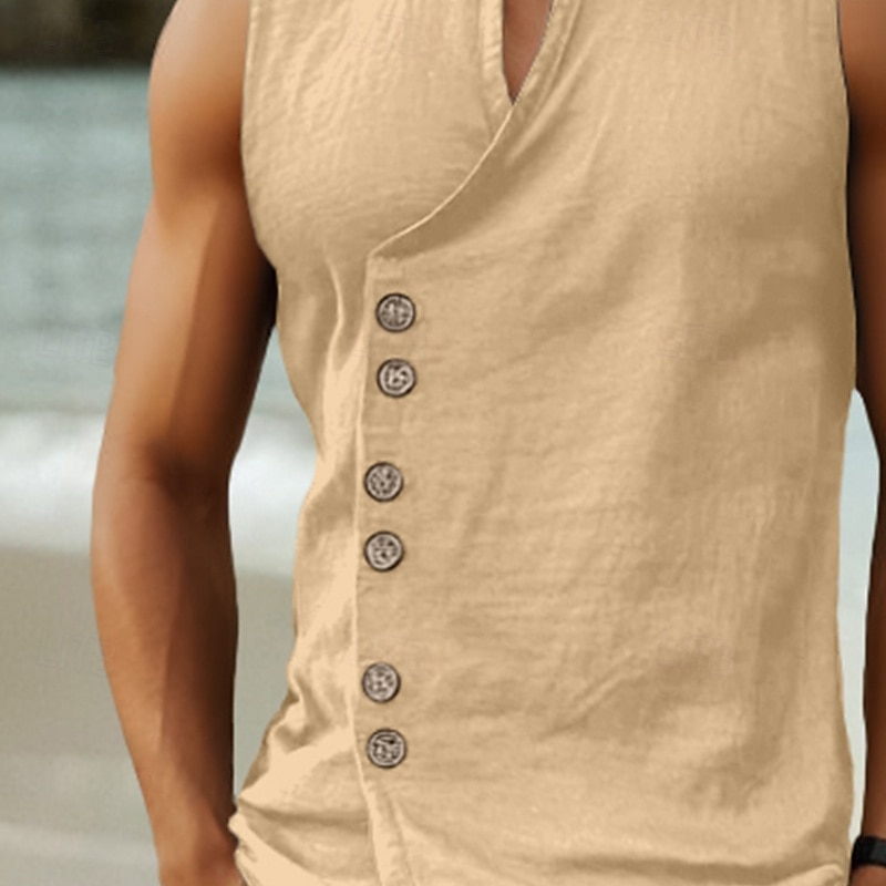 Men's Shirt Linen Shirt Summer Shirt Beach Shirt Vintage Shirt Sleeveless Shirt Plain Vacation Holiday Black White Blue Khaki Sleeveless Mandarin Collar Summer Spring Clothing Apparel Buttons2