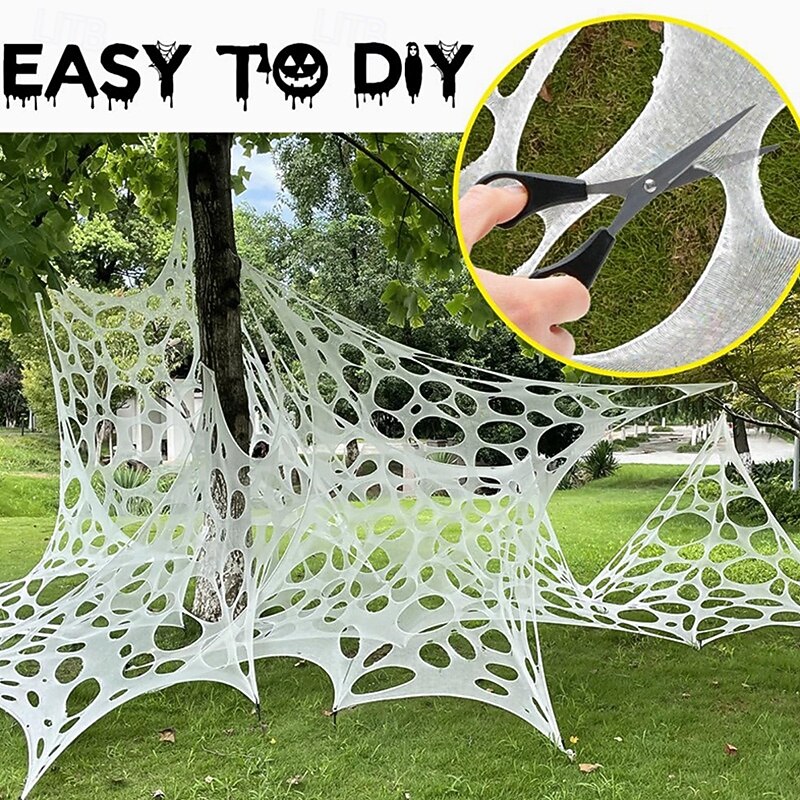 Halloween Spider Web with Stakes Decorations Outdoor, Cut-Your-Own Torn Style Stretchy Spider Web, Flexible Webbing for Haunted House, Porch, Yard & Spooky Party Prop2