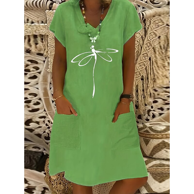 Women's Midi Dress Linen Dress Casual Dress Boho Dress Print Dress Elegant Fashion Classic Puff Sleeve Vacation Holiday Fall Dress Regular Fit Letter Abstract Short Sleeve V Neck Yellow Light Green