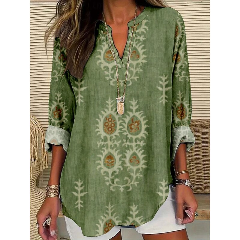 Women's Blouse Floral Stylish Modern Long Sleeve V Neck Regular Tops Daily Holiday Print Black White Gold Green Summer3