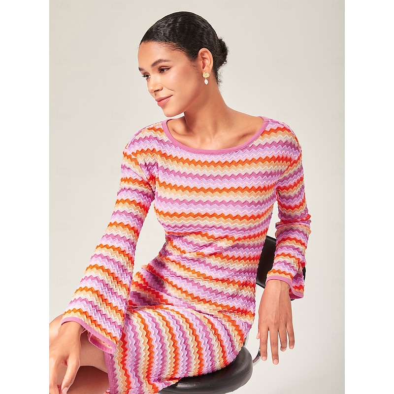 Women's Elegant Rainbow Wave Stretch Knit Fitted Mini Dress Chic Bodycon Style with Colorful Flair