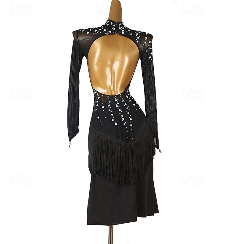 Latin Dance Dress Splicing Crystals / Rhinestones Women's Performance Training Long Sleeve Chinlon Mesh Spandex2