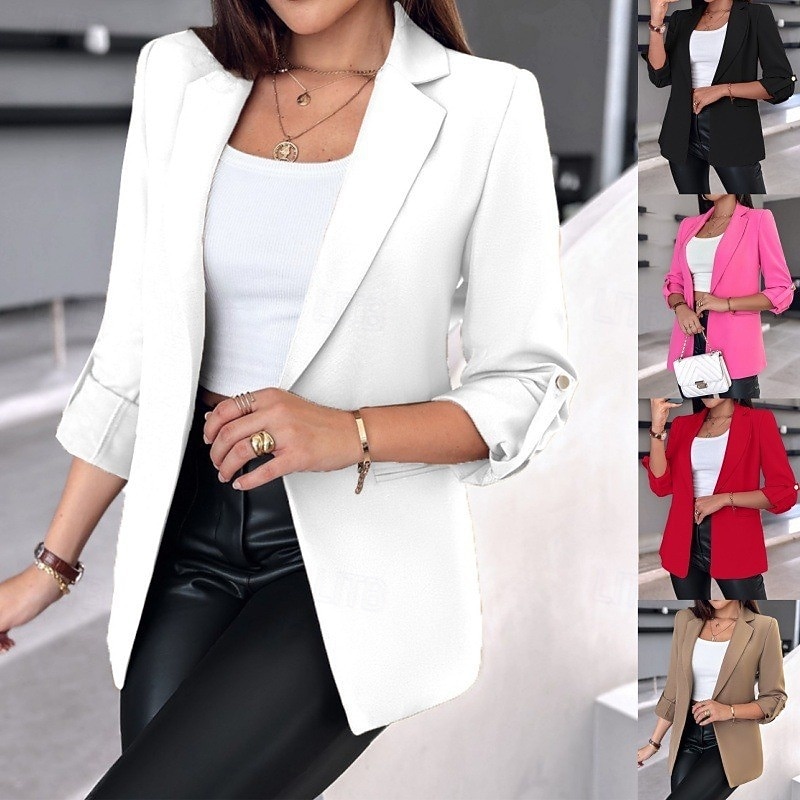 Women's Blazer Breathable Comfortable Pocket Casual Plain Office Street Casual Daily Wear Open Front Regular Turndown Regular Fit Long Sleeve Outerwear Black White Pink Summer
