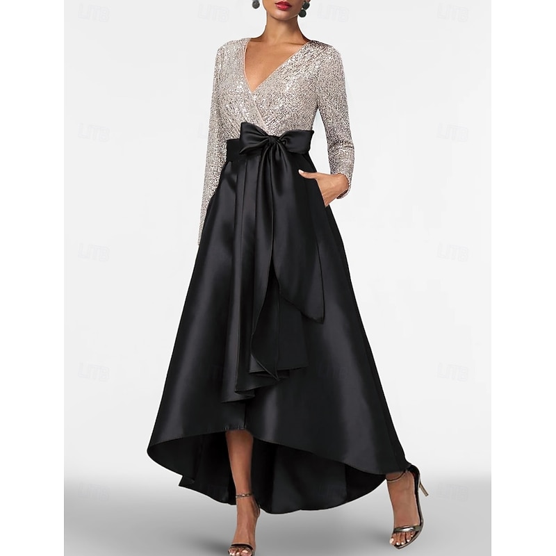A-Line Cocktail Dresses Elegant Dress Formal Wedding Asymmetrical Long Sleeve V Neck Pocket Satin with Bow(s)4