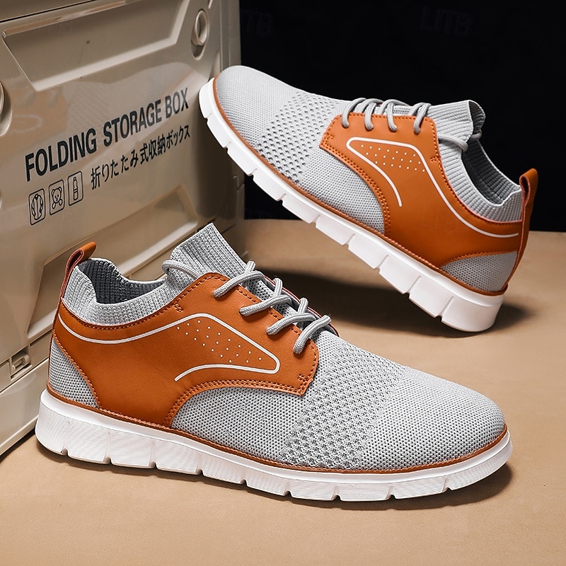 Men's Gray Knit Sneakers with Faux Leather Patch Lightweight Breathable Casual Walking Shoes Ideal for Spring Travel and Daily Wear4