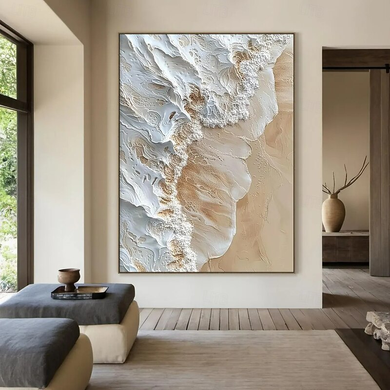 Beige ocean wave abstract landscape painting, white wave texture wall art, beige abstract art, modern natural home decor