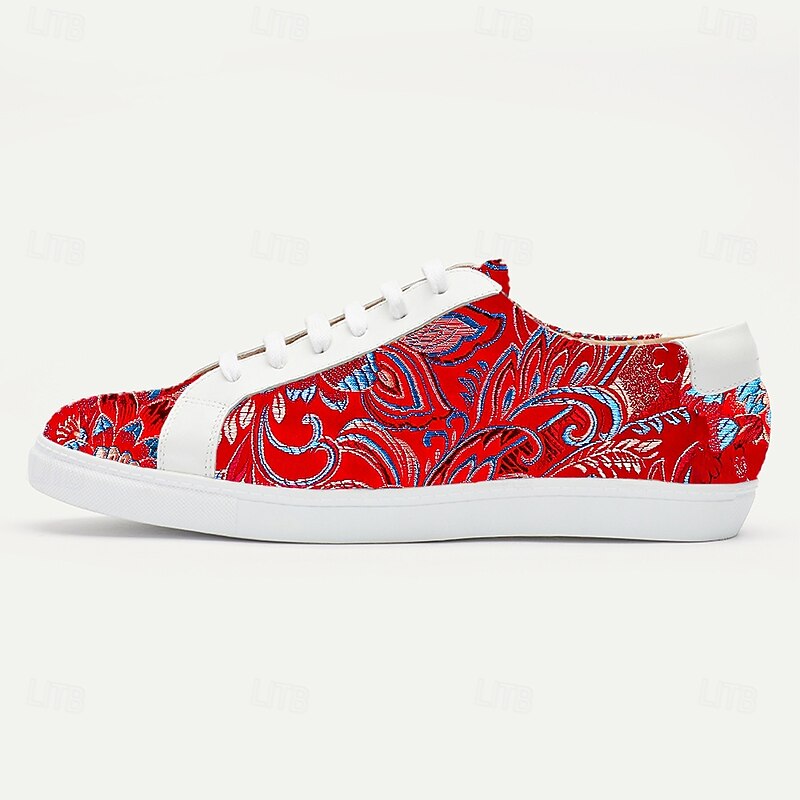 Men's Red Jacquard Fabric Sneakers Lightweight Lace-Up Design with Artistic Floral Pattern Ideal for Streetwear Fashion Casual and Weekend Outfits3