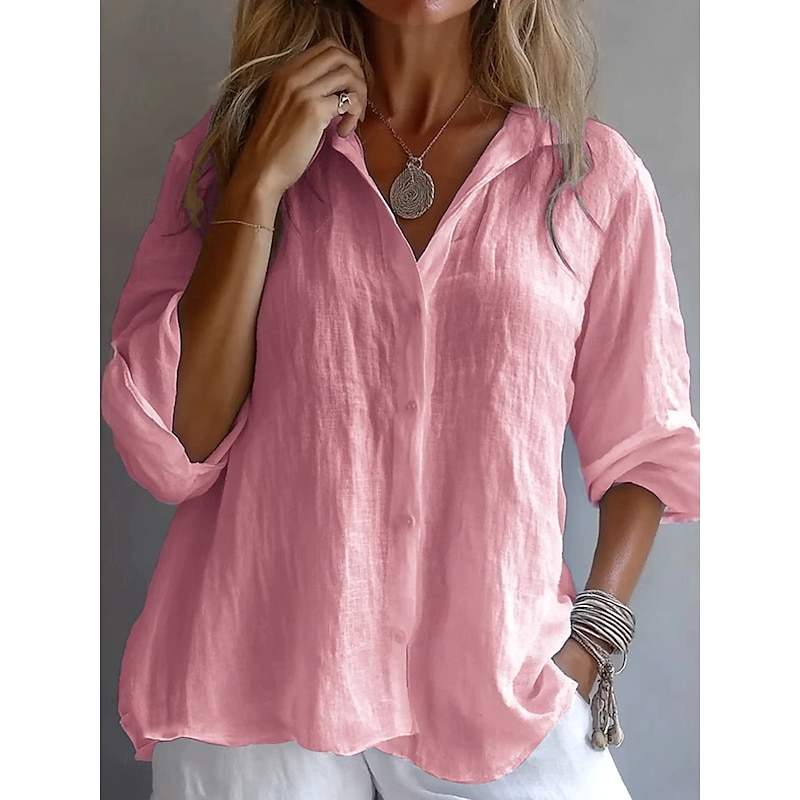 Women's 100% Cotton Shirt Solid Color Plain Stylish Casual Long Sleeve Shirt Collar Regular Tops Daily Holiday Buttons White Yellow Pink Blue Summer Spring3