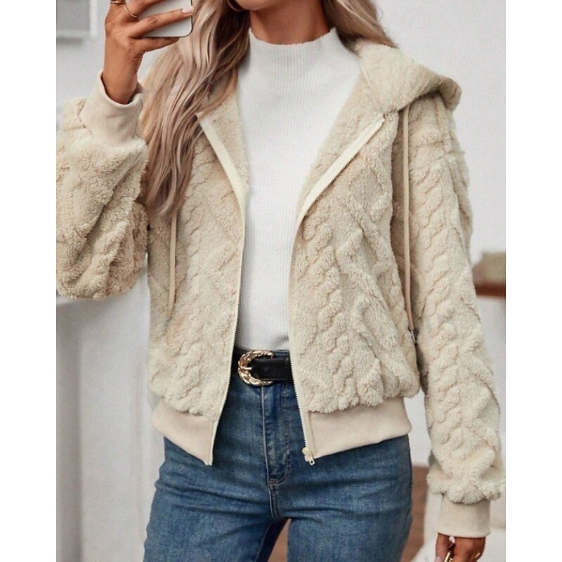 Women's Teddy Coat Hoodie Jacket Warm Comfortable Zipper Casual Plain Outdoor Vacation Holiday Going out Zipper Regular Hooded Regular Fit Long Sleeve Outerwear Black White Pink Fall Winter