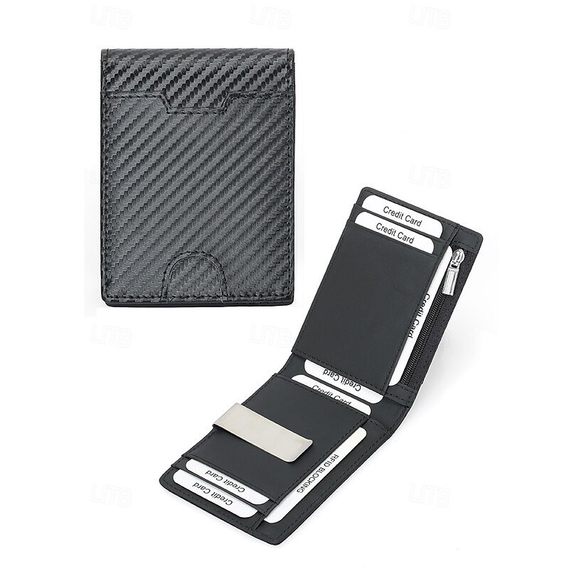 Men's RFID Blocking Carbon Fiber Wallet with Stainless Steel Money Clip – Slim Bifold Card Holder with Zipper Coin Pocket for Travel, Business & Everyday Carry3