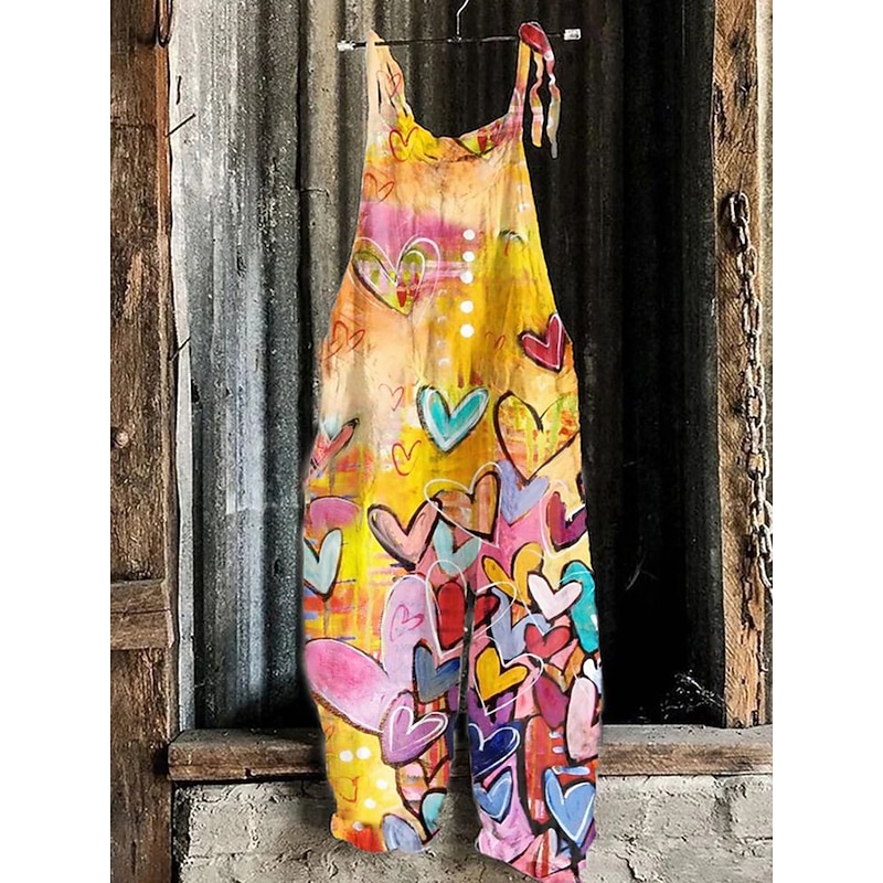 Women's Overalls Basic Casual Full Length High Waist Heart Graphic Geometric Pattern Drawstring Inelastic Street Casual Holiday Yellow Pink Red Blue Summer Spring Fall Loose Fit