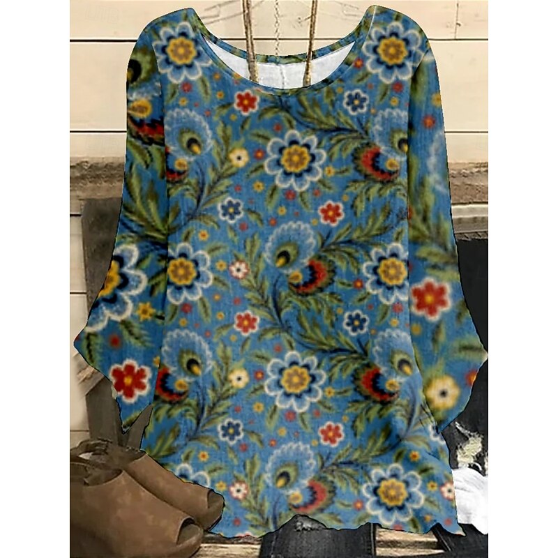 Women's Shirt Floral Stylish 3/4 Length Sleeve Crew Neck Regular Tops Daily Holiday Print Sage Green Blue Green Summer2