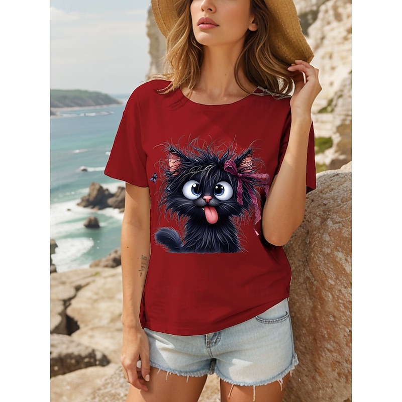 Women's T Shirt Graphic Animal Cat Vintage Stylish Classic Short Sleeve Crew Neck Round Neck Regular Tops Daily Weekend Print Black White Red Blue Purple Summer Spring4