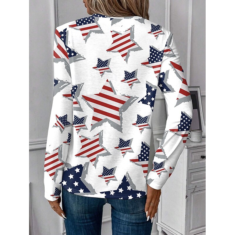Women's Patriotic T Shirt V Neck Long Sleeve Tunic Flag Geometric Elegant Vintage Fashion Regular Tops Daily Weekend Vacation Wear Print White Red Blue  Spring Prefall2