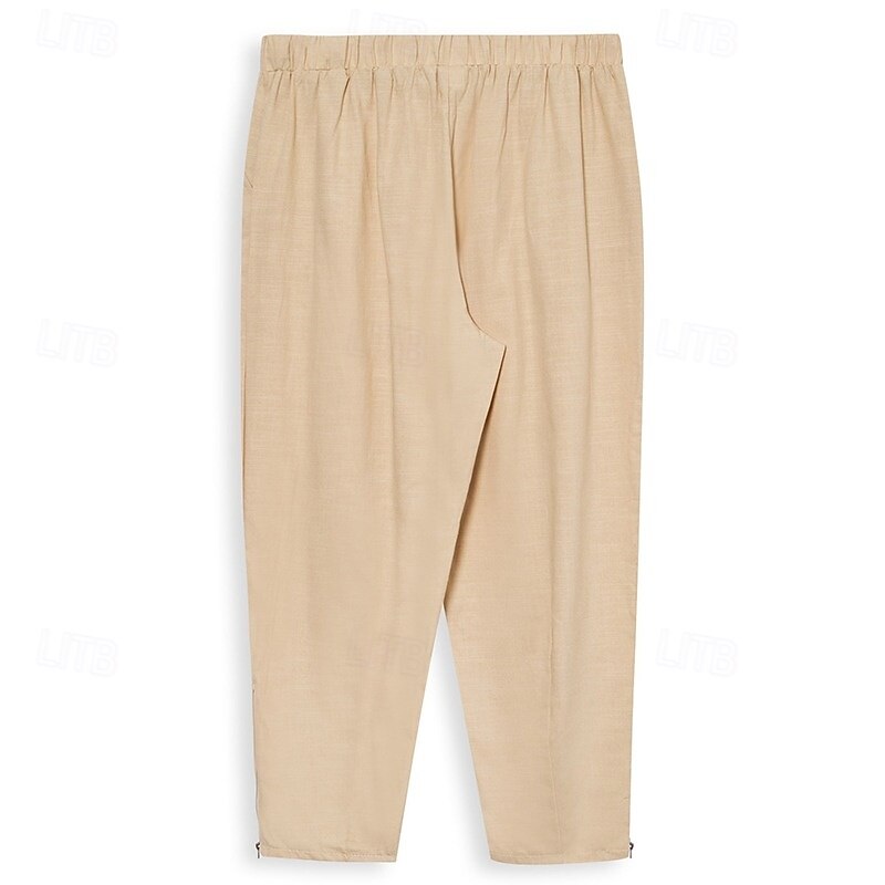 Men's Linen Pants Trousers Summer Pants Baggy Pants Beach Pants Zipper Elastic Waist Drawstring Plain Comfort Breathable Ankle-Length Casual Daily Holiday Vacation Fashion Black White Inelastic3