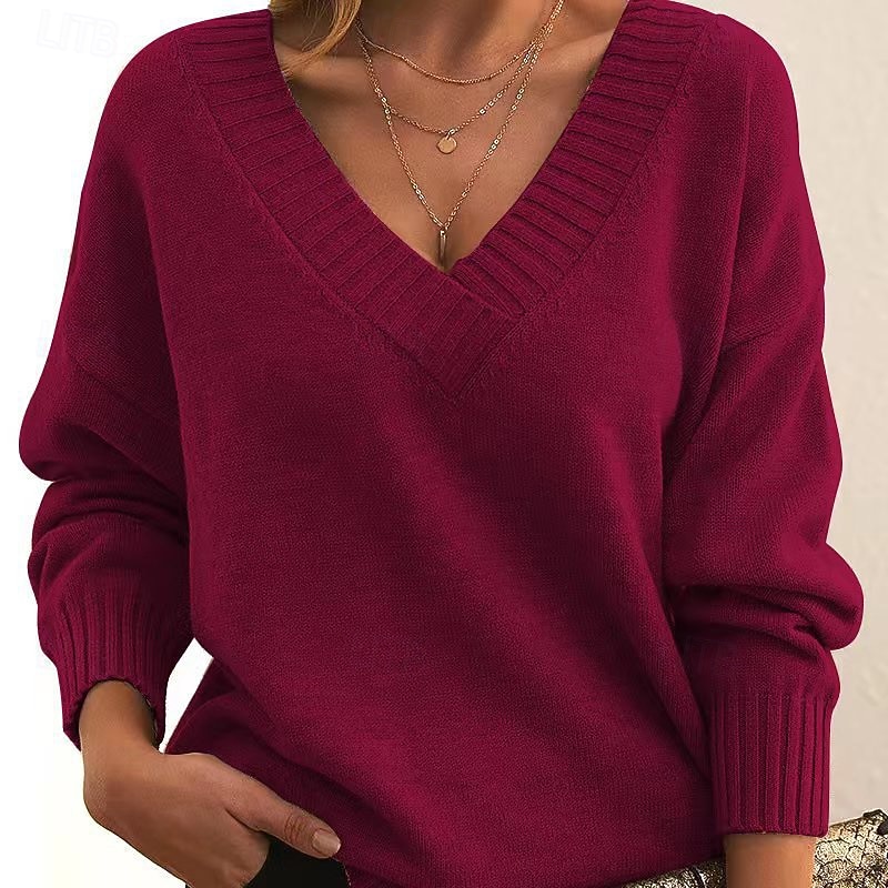 Women's Sweater Casual Solid Color Ribbed V Neck Knitted Long Sleeve Regular Tops Knit Holiday Going out Weekend Pink Red Fall Winter3