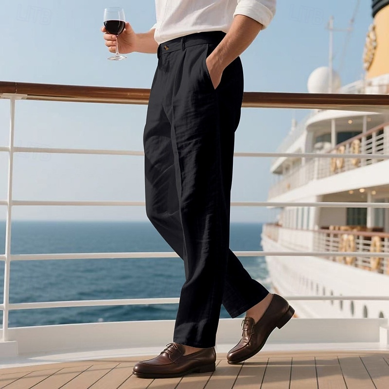Men's Linen Pants Trousers Summer Pants Casual Pants Buttons Straight Leg Plain Comfort Breathable Full Length Party Business Holiday Fashion Streetwear Black White