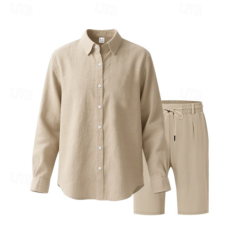 Men's T-shirt Suits 2 Pieces Outfits Tee & Shorts Long Sleeve Lapel Summer Plain Fashion Casual 2 Piece Vacation Daily Wear Going out Black White khaki Top Tee for Men4