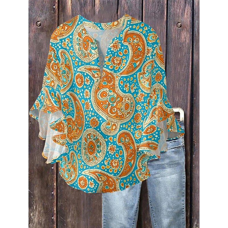 Women's Blouse Paisley Retro Vintage Ethnic 3/4 Length Sleeve V Neck Regular Tops Daily Holiday Ruffle Print Black Blue Lavender Purple Green Summer3