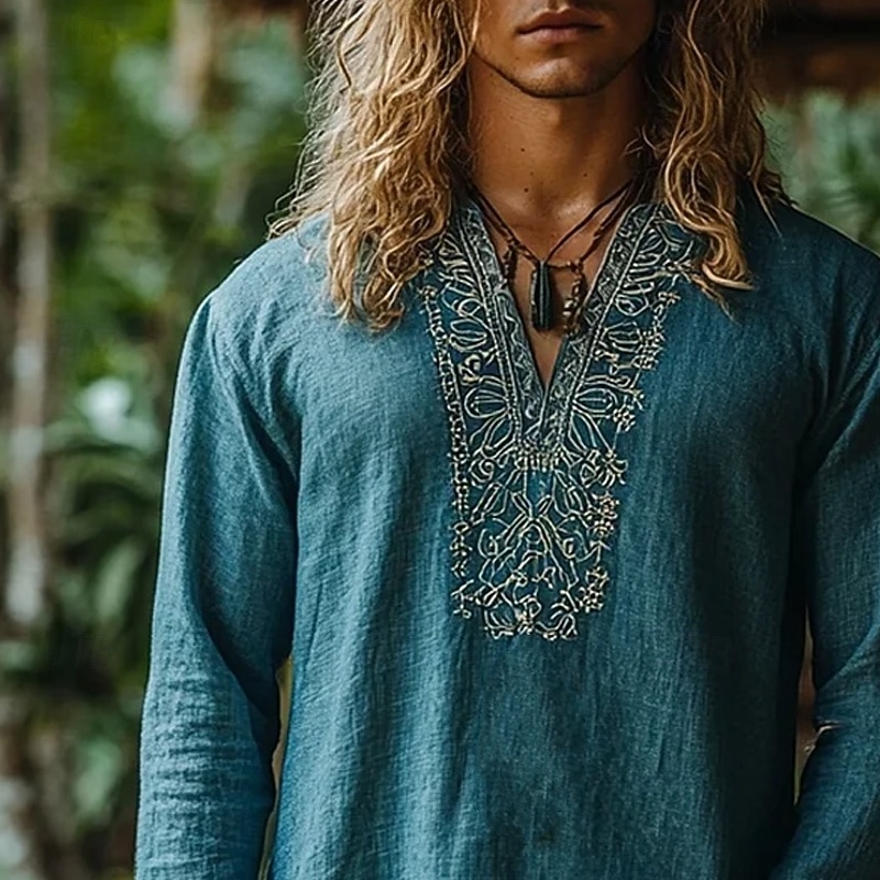 Men's Shirt Linen Shirt Popover Shirt Summer Shirt Beach Wear Geometric Vacation Street Wine Navy Blue Blue Long Sleeve V Neck Summer Spring Clothing Apparel2