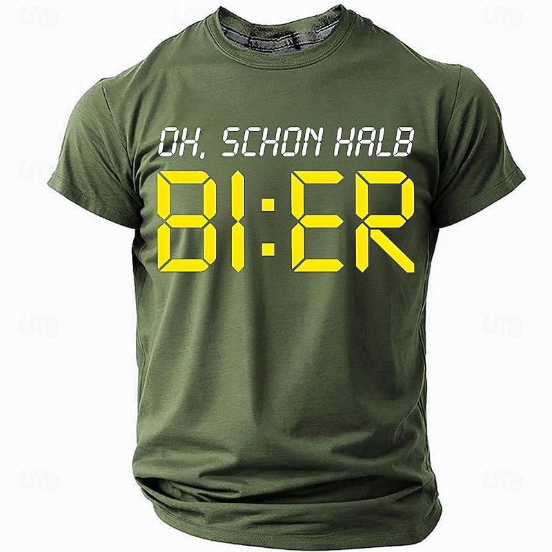 Men's Humorous Graphic T-Shirt - 'Oh, Schon Halb BI:ER' Digital Clock Beer Pun Tee for Beer Lovers3