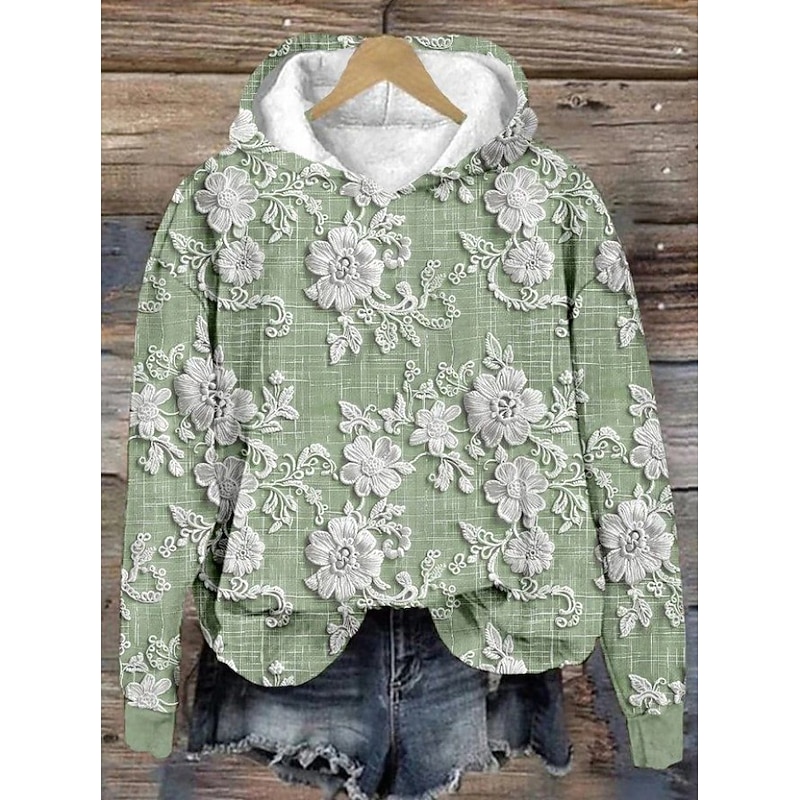 Women's Hoodie Pullover Sweatshirt Oversized Long Sleeve Casual Graphic Floral Animal Vintage Retro Hooded Regular Tops Street Dailywear Print Purple Green Khaki Spring Fall Winter3