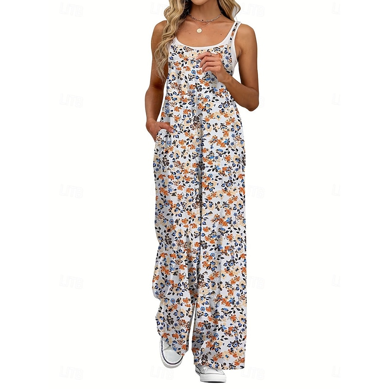 Women's Normal Jumpsuit Active Floral Sleeveless Wide Leg Round Neck Pocket High Waist Vacation Daily Regular Fit Yellow Pink Army Green Summer2