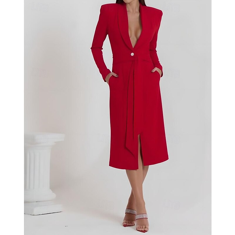 Tuxedo Dress Sheath Formal Wedding Guest Stretch Crepe Elegant Simple Long Sleeve Tea Length Shawl Lapel Lapel4