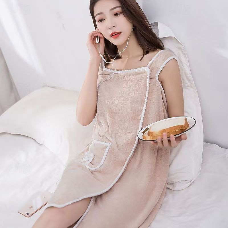 Women's Thick Coral Fleece Bath Skirt, Wearable Bath Towel Wrap with Straps, Multi-Functional Absorbent Bathroom Wrap3