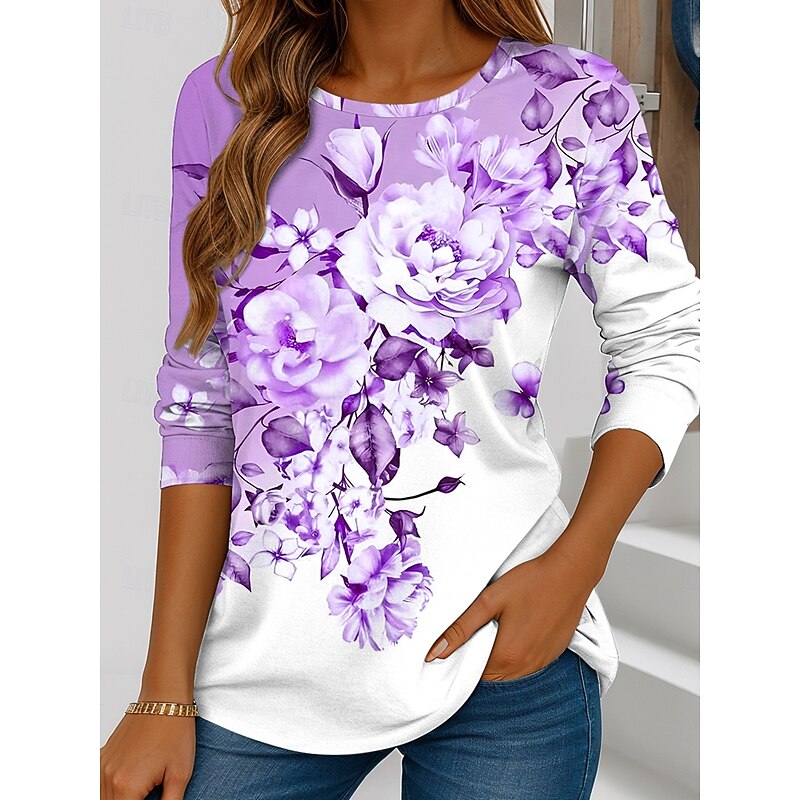 Women's T shirt Crew Neck Long Sleeve Tunic Floral Graphic Vintage Stylish Casual  Regular Tops Daily Weekend Print Yellow Blue Purple Green3