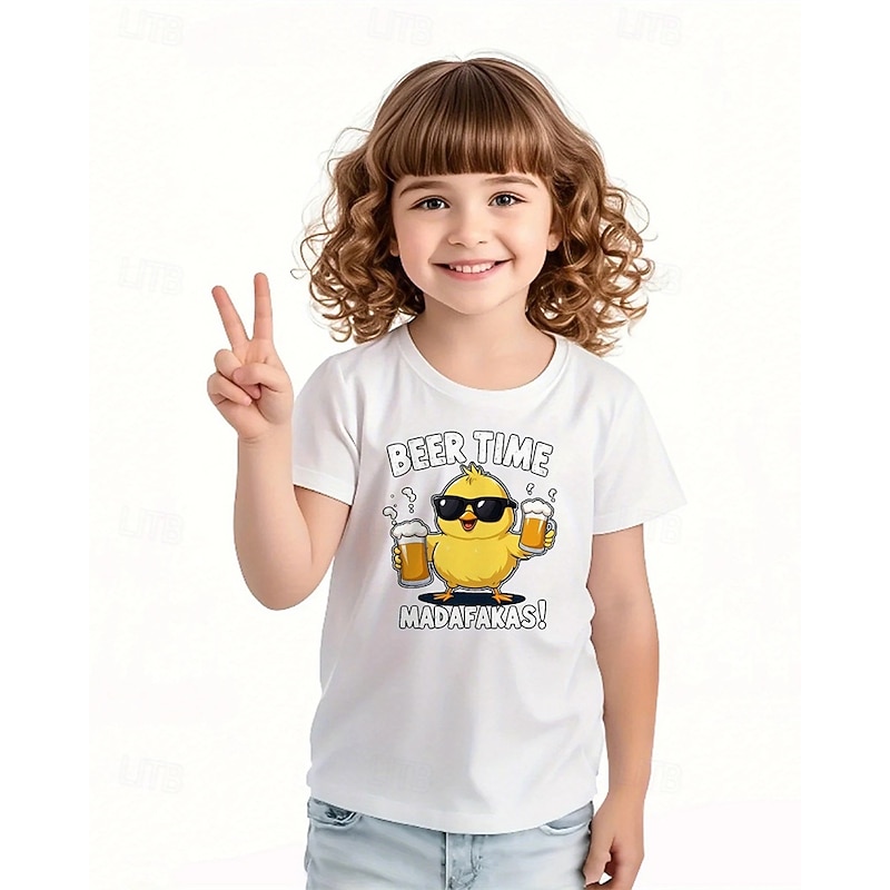 Girls' 3D Graphic Chick T shirt Tee Short Sleeve Summer Spring Fashion Basic Kids 4-12 Years Crew Neck Outdoor Casual Daily Regular Fit
