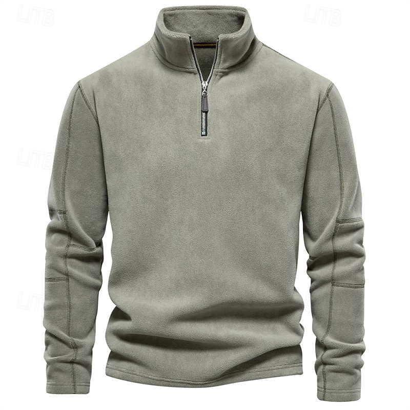 Men's Zip Sweatshirt Fleece Hoodie Light Khaki. Black White Navy Blue Brown Standing Collar Plain Zip Up Quarter Zip Sports & Outdoor Casual Daily Streetwear Cool Sportswear Fall Fall & Winter