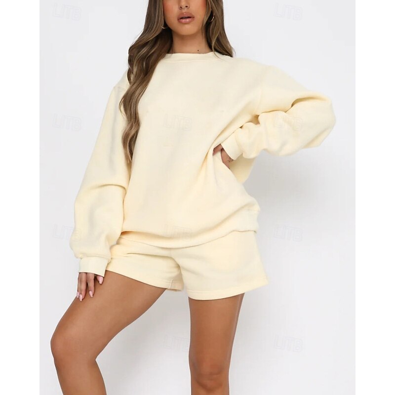 Women's Tracksuit Pullover Sweatshirt Sweat Shorts Lace Solid Colored Clothing Suit Fall Dark Khaki Black Gym Athleisure Running Windproof Long Sleeve Sport Activewear Stretchy Regular Fit2