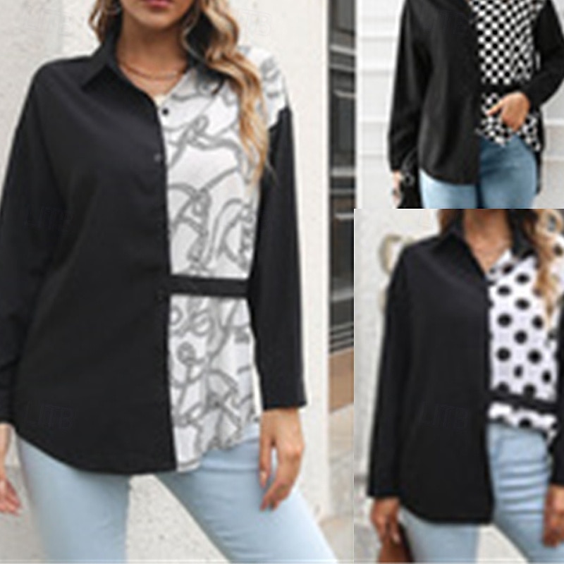 Women's Summer Tops Chiffon Tops Color Block Daily Stylish Basic Long Sleeve Shirt Collar Regular Tops Work Daily Holiday Patchwork Print Black And White Black White Spring Fall